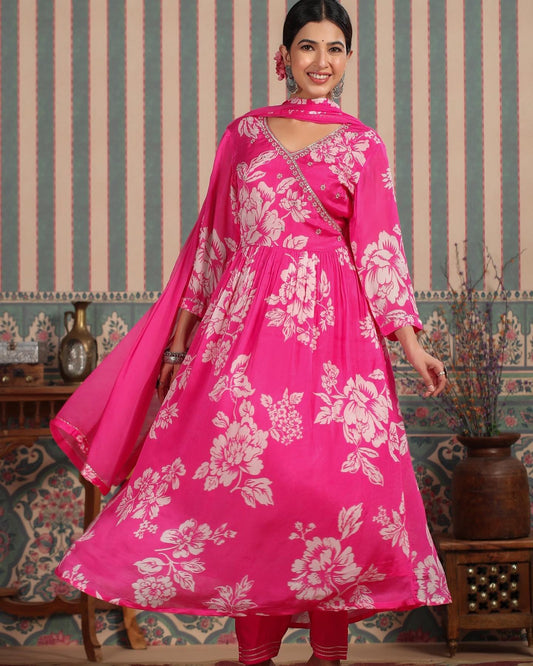 Party Wear Digital Print Work Gown Bottom With Dupatta Pink