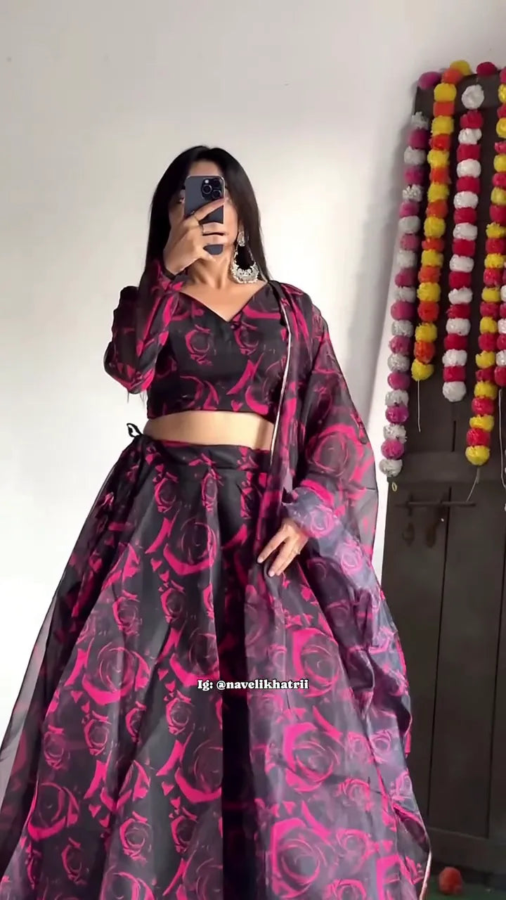 Black and Pink Floral Printed Lehenga Choli with Matching Dupatta, Stylish V-Neck Crop Top Blouse, Flowing Skirt and Sheer Dupatta Set for Festive, Wedding and Party Wear