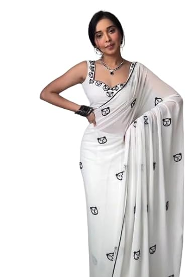 Ready To Wear White Printed Georgette Saree