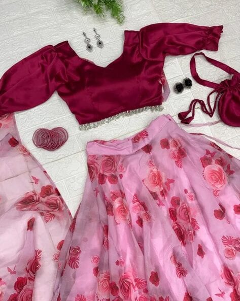 Women Floral Print Lehenga Choli Set With Dupatta