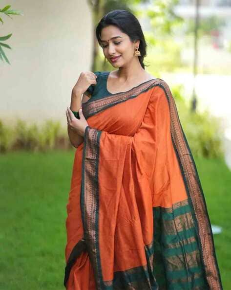 Woven Kanjivaram Cotton Silk Saree (Orange)