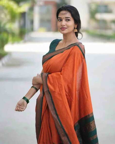 Woven Kanjivaram Cotton Silk Saree (Orange)