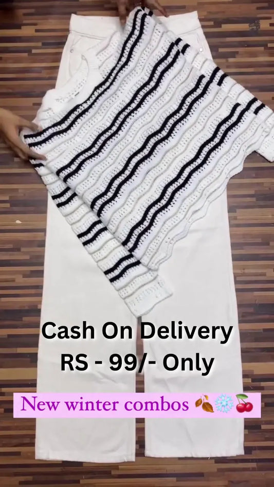 Winter Ready Combo – Soft Knit Sweater with Striking Black Stripes Paired with Elegant White Pants, Perfect for a Warm and Stylish Cold-Weather Look