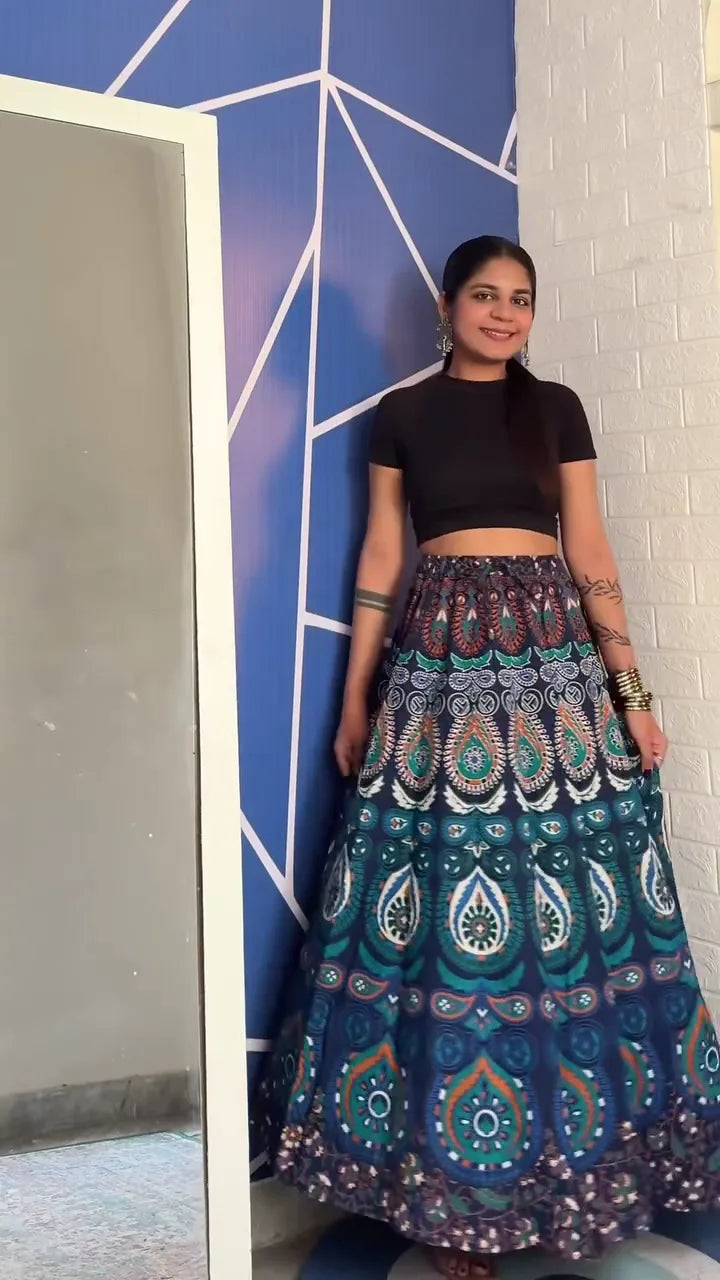 Women's Cotton Jaipuri Printed Wrap Around Maxi Skirt with Ethnic Peacock, bandhani and Mandala Design for Casual or Festive Wear