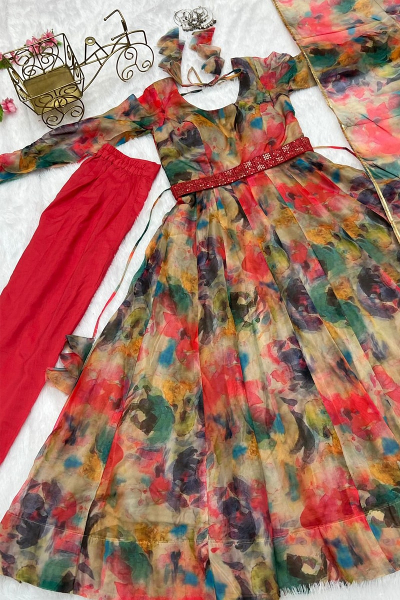 Premium Indian Designer Floral Print Full Flared Anarkali Long Flared Earthy Kurta Kurti with Dupatta Readymade Salwar Kameez set