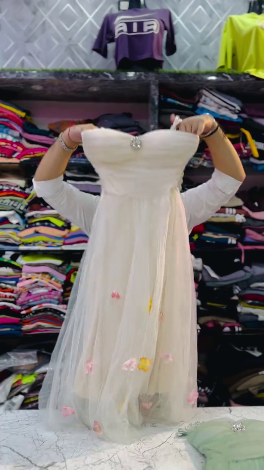 Elegant Girls’ Party Wear Dress Combo – Off-Shoulder White and Mint Green Gowns with Sheer Floral Overlay, Embellished Brooch Detail and Flowing Tulle Skirt