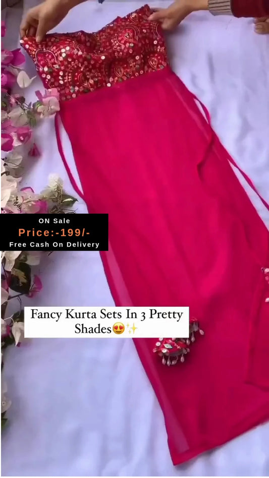 Charming Fancy Kurta Sets in Three Stunning Colors – Beautifully Embellished with Traditional Embroidery and Tassel Accents for a Bold