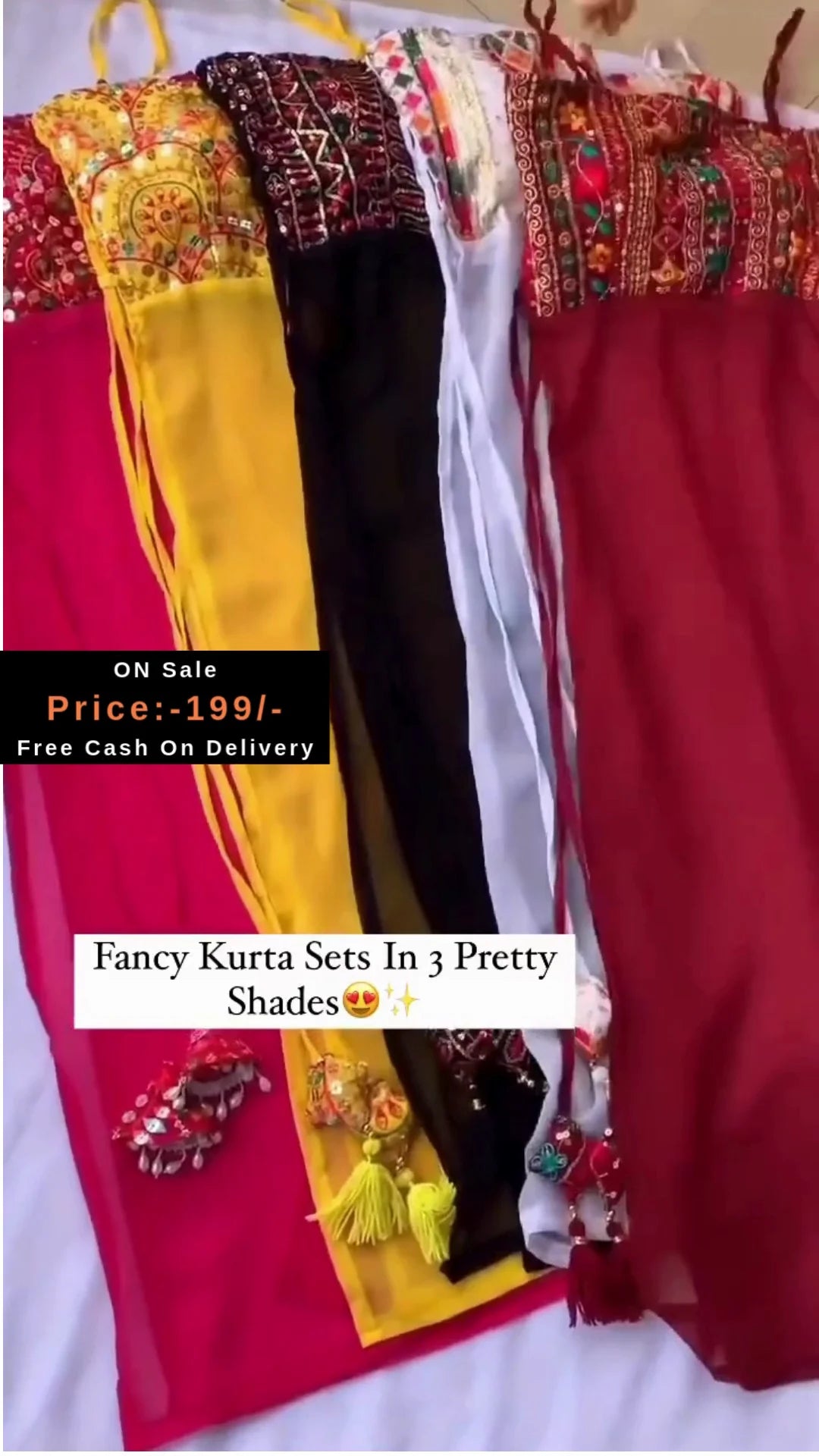 Charming Fancy Kurta Sets in Three Stunning Colors – Beautifully Embellished with Traditional Embroidery and Tassel Accents for a Bold