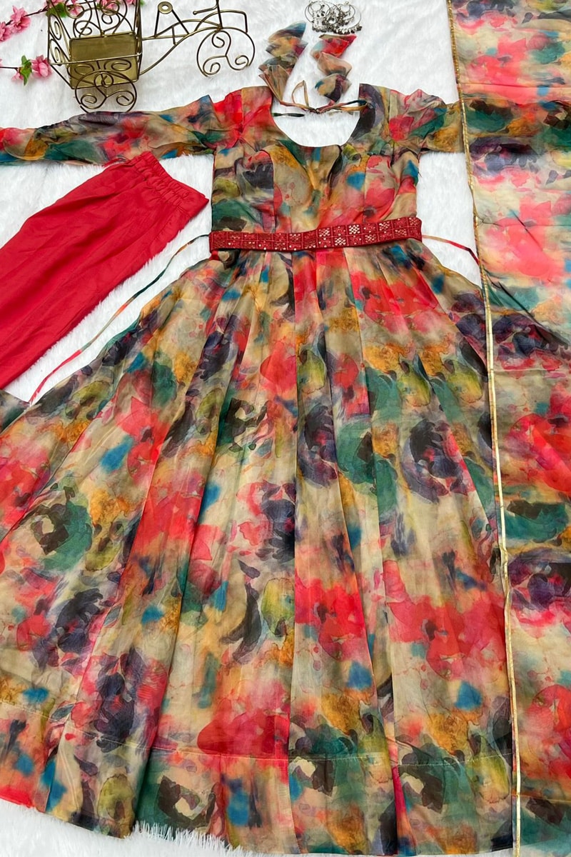 Premium Indian Designer Floral Print Full Flared Anarkali Long Flared Earthy Kurta Kurti with Dupatta Readymade Salwar Kameez set