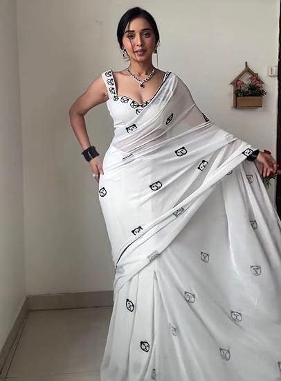 Ready To Wear White Printed Georgette Saree