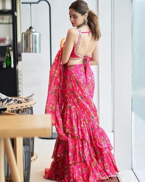 Magenta colore Bollywood Style Designer Saree Party Wear Saree Embroidery Work Ruffle Saree Wedding wear saree