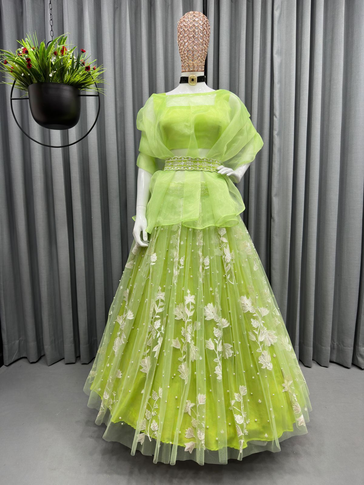 Beautiful organza silk pistachio lehenga for women, bridesmaid lehenga with shrug,sequin embroidery lehenga with rivet moti work for wedding