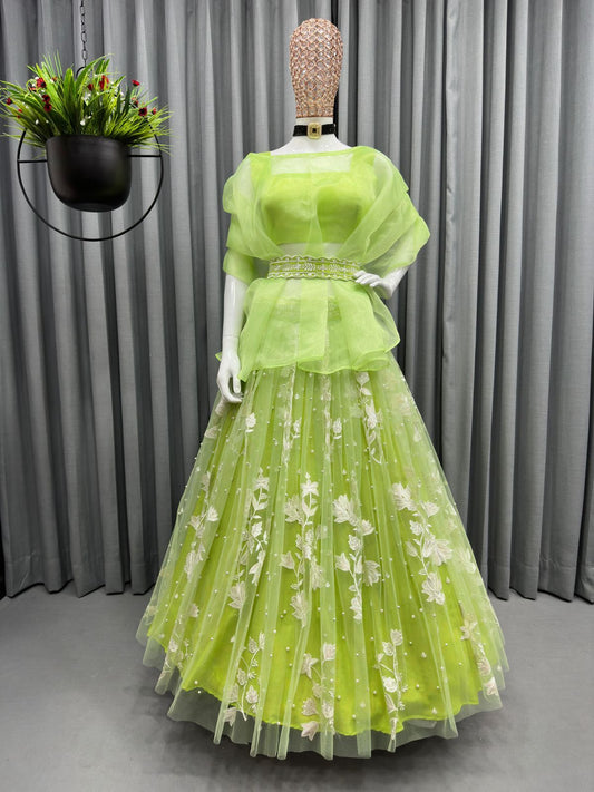 Beautiful organza silk pistachio lehenga for women, bridesmaid lehenga with shrug,sequin embroidery lehenga with rivet moti work for wedding