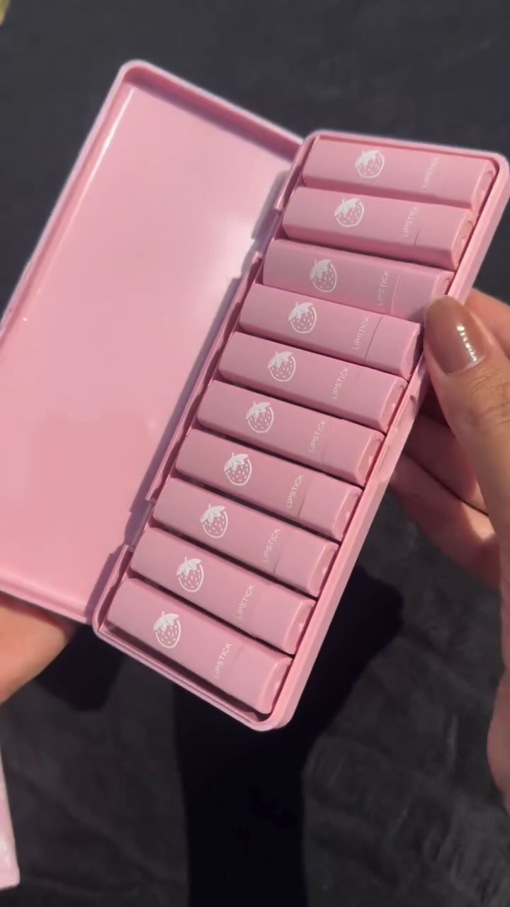 Strawberry-Themed Matte Lipstick Gift Set – 10-Piece Long-Lasting Moisturizing Lipsticks in a Cute Pink Travel Case, Lightweight and Compact for Daily Makeup, Perfect for Gifting or Personal Use