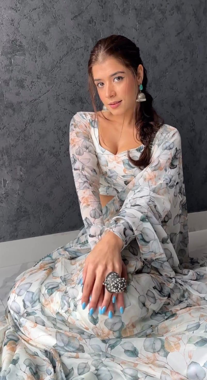 Saree For Women's And Girls Georgette With Digital Prints & Fancy Lece Work White Color Ready To Wear Saree