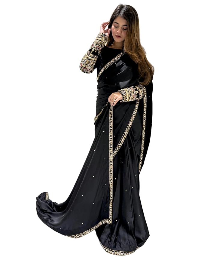 Black Handmade Embellished Saree With Velvet Blouse