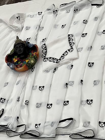 Ready To Wear White Printed Georgette Saree