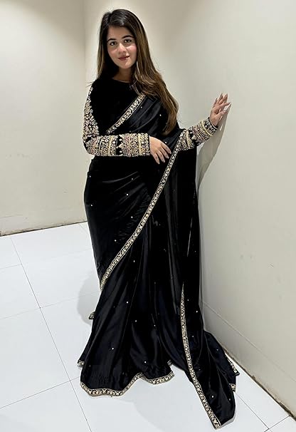 Black Handmade Embellished Saree With Velvet Blouse