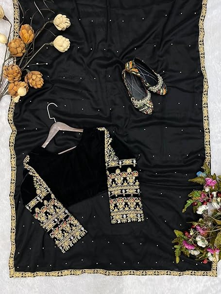 Black Handmade Embellished Saree With Velvet Blouse