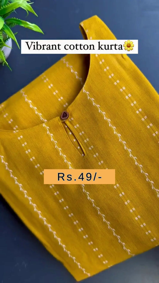 Bright and Breezy Cotton Kurta Set in Green and Yellow – Featuring Classic White Stripes and Button Design