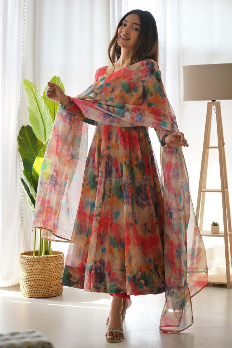 Premium Indian Designer Floral Print Full Flared Anarkali Long Flared Earthy Kurta Kurti with Dupatta Readymade Salwar Kameez set