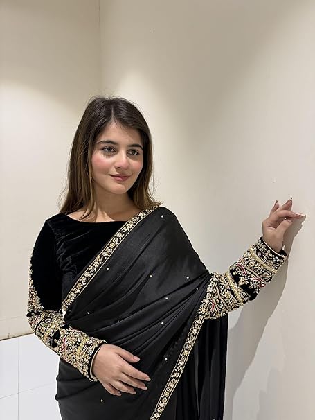 Black Handmade Embellished Saree With Velvet Blouse