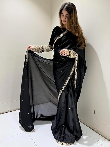 Black Handmade Embellished Saree With Velvet Blouse