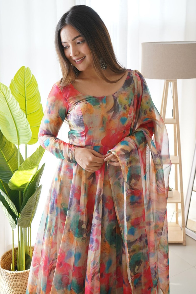 Premium Indian Designer Floral Print Full Flared Anarkali Long Flared Earthy Kurta Kurti with Dupatta Readymade Salwar Kameez set