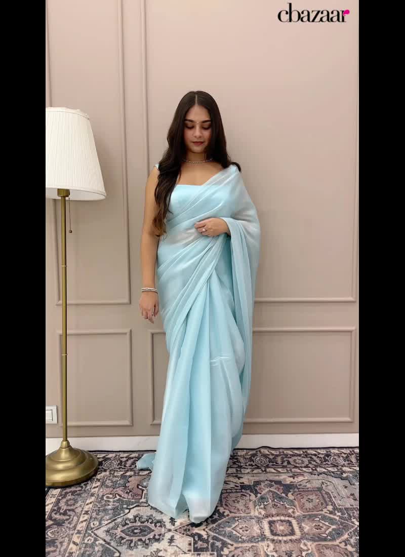 Baby Blue Plain Ready To Wear Silk Saree With Blouse