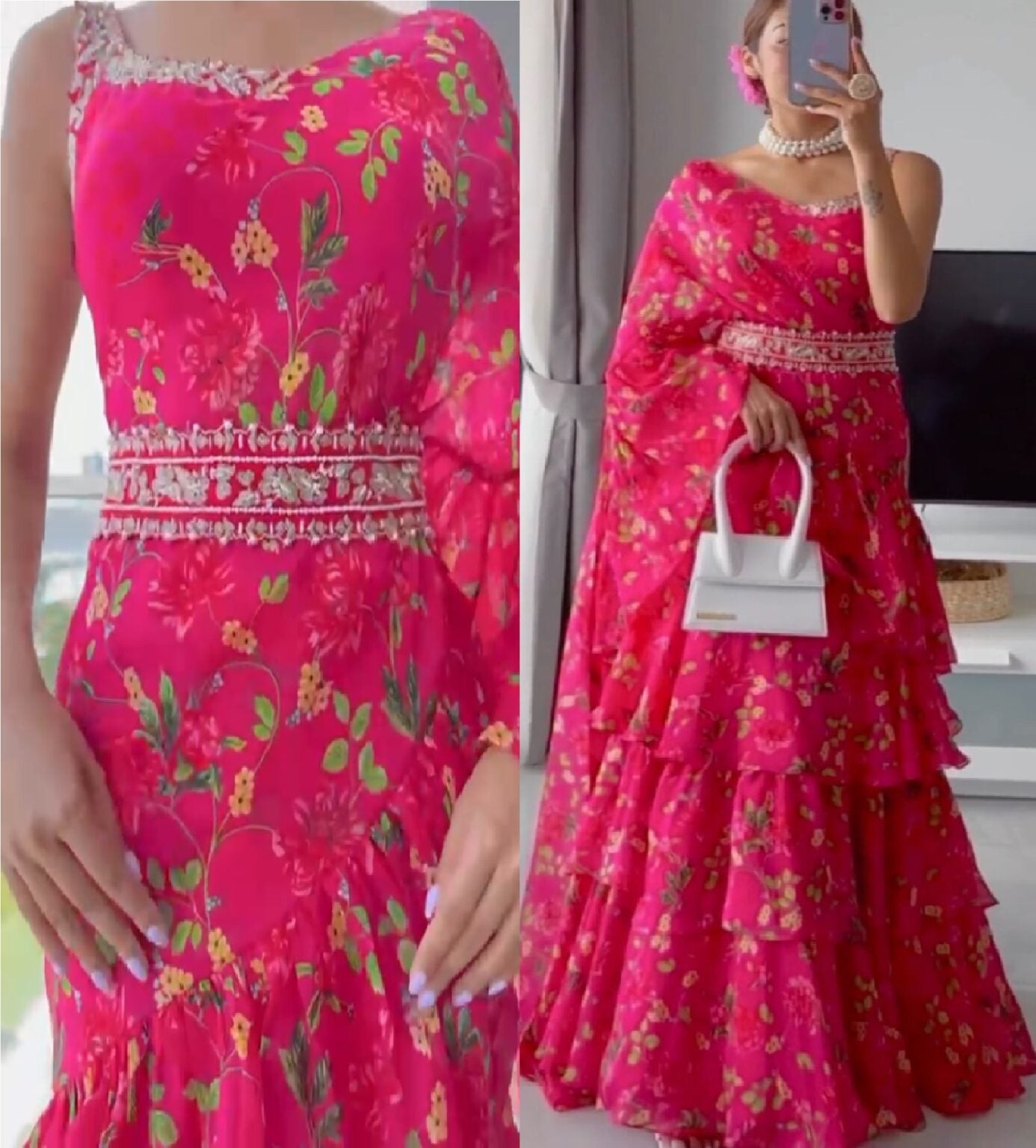 Magenta colore Bollywood Style Designer Saree Party Wear Saree Embroidery Work Ruffle Saree Wedding wear saree