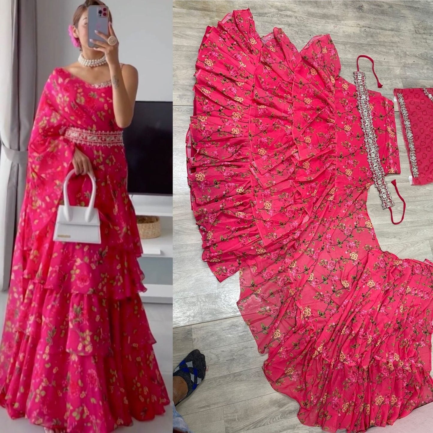 Magenta colore Bollywood Style Designer Saree Party Wear Saree Embroidery Work Ruffle Saree Wedding wear saree