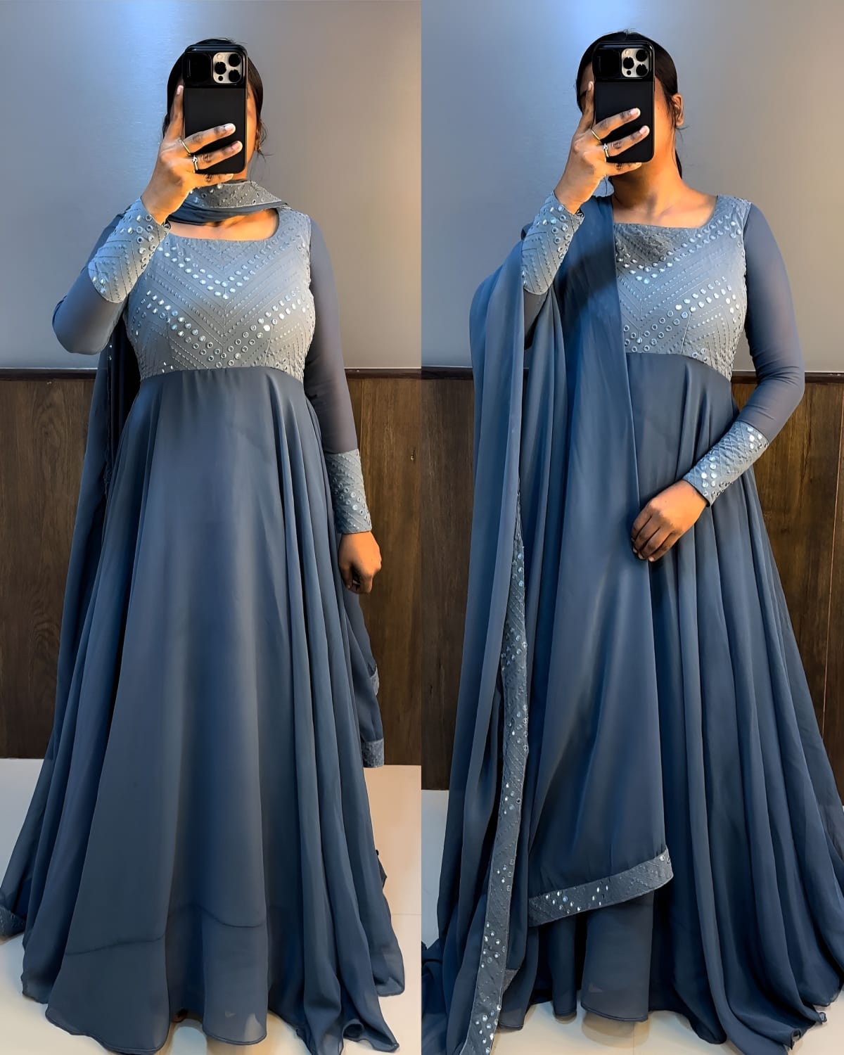 Gown for Women - Georgette Sequence Embroidered A-Line Gown with Attached Dupatta