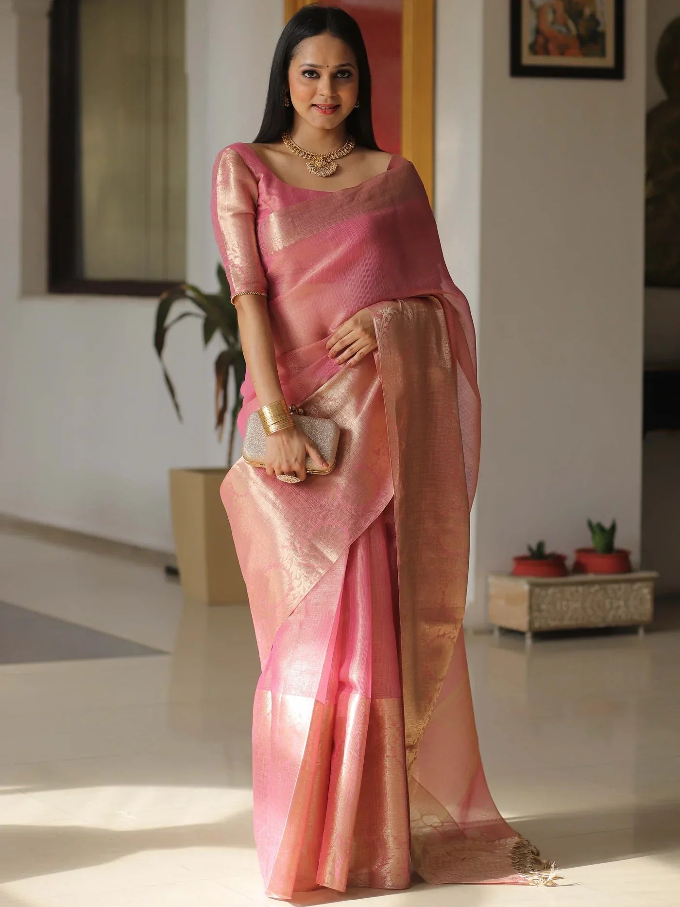 Banarasee Handwoven Plain Tissue Skirt Border Saree