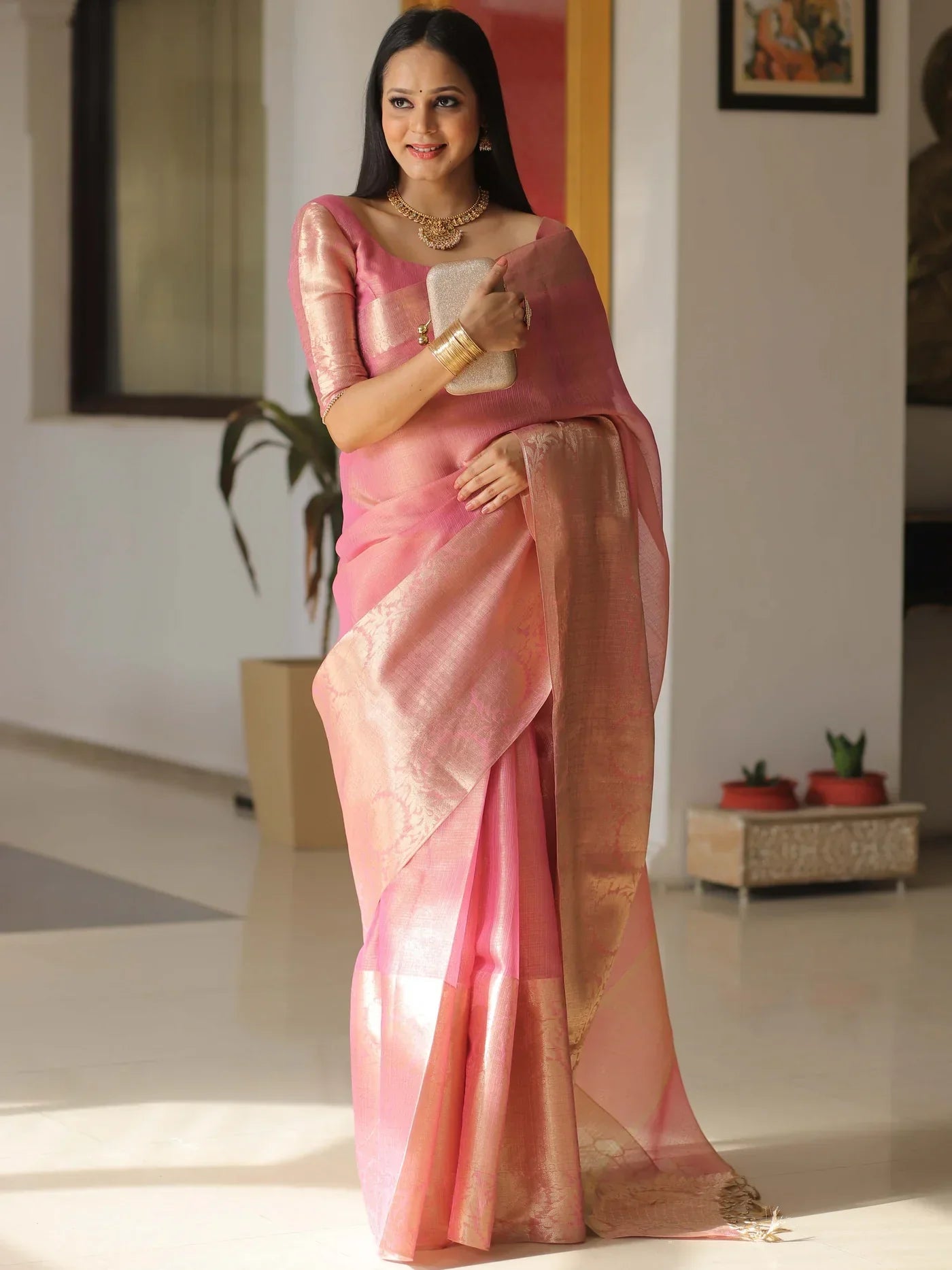Banarasee Handwoven Plain Tissue Skirt Border Saree