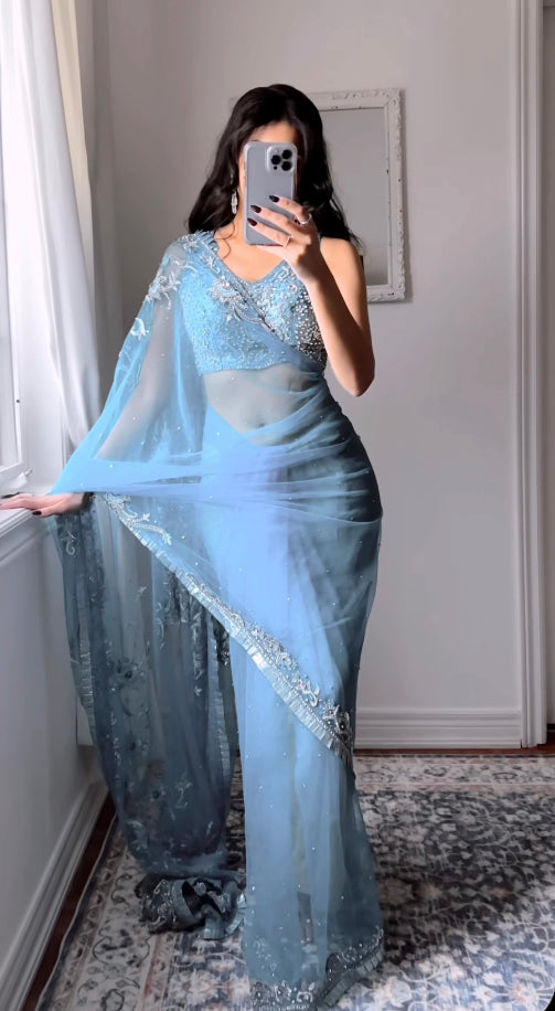 Light Blue Net And Embroidered Saree