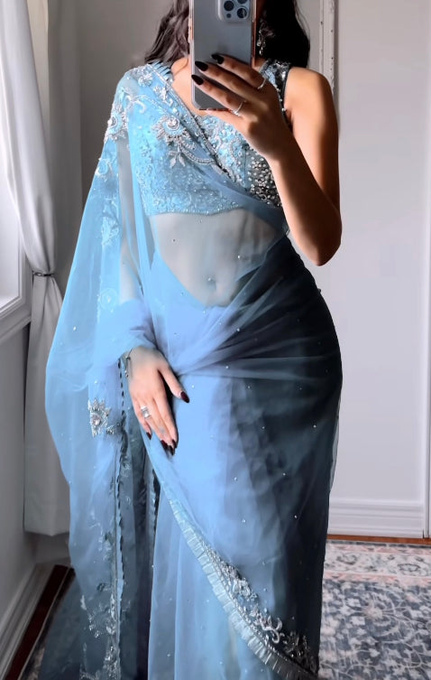 Light Blue Net And Embroidered Saree
