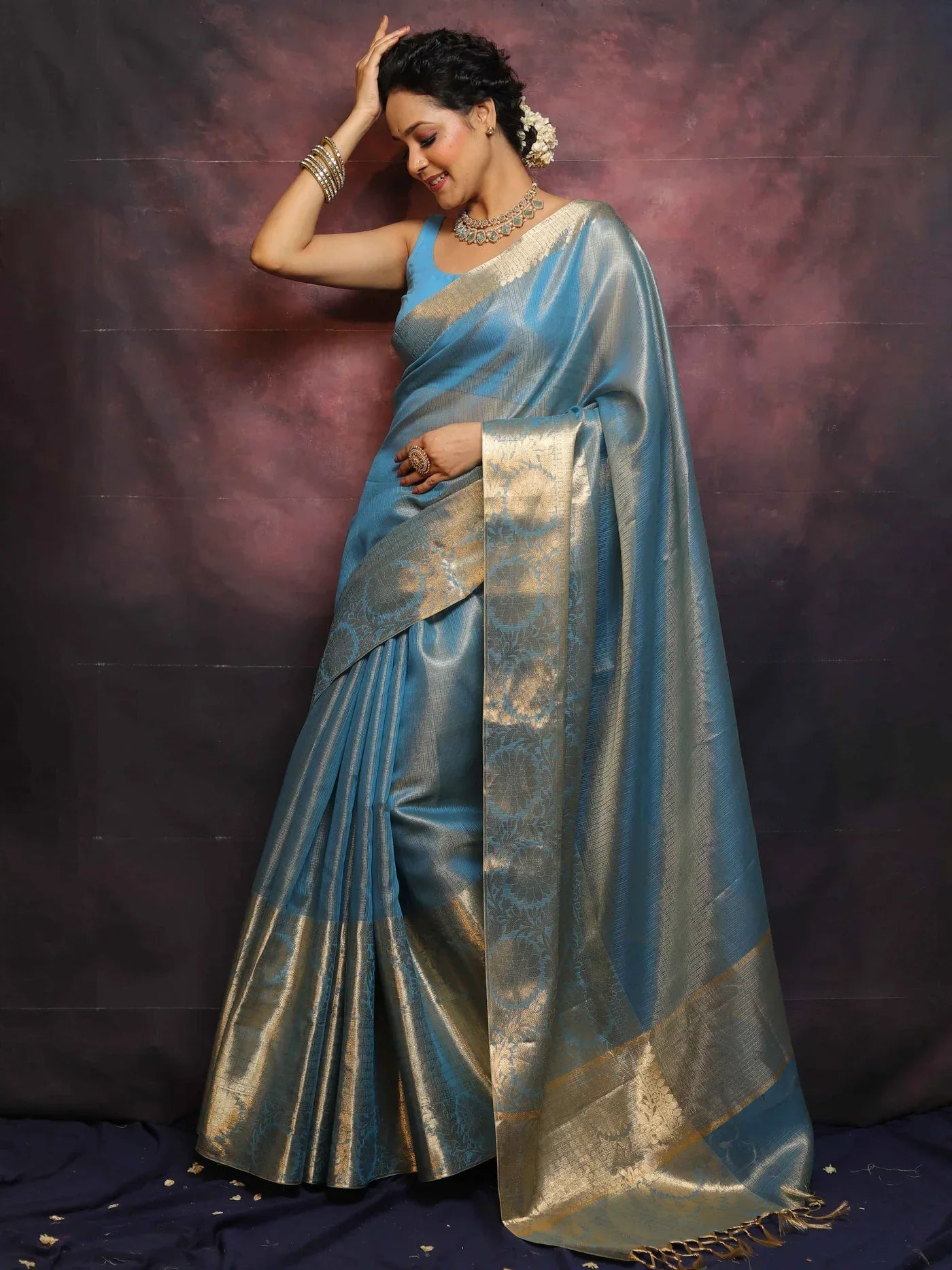 Banarasee Handwoven Plain Tissue Skirt Border Saree