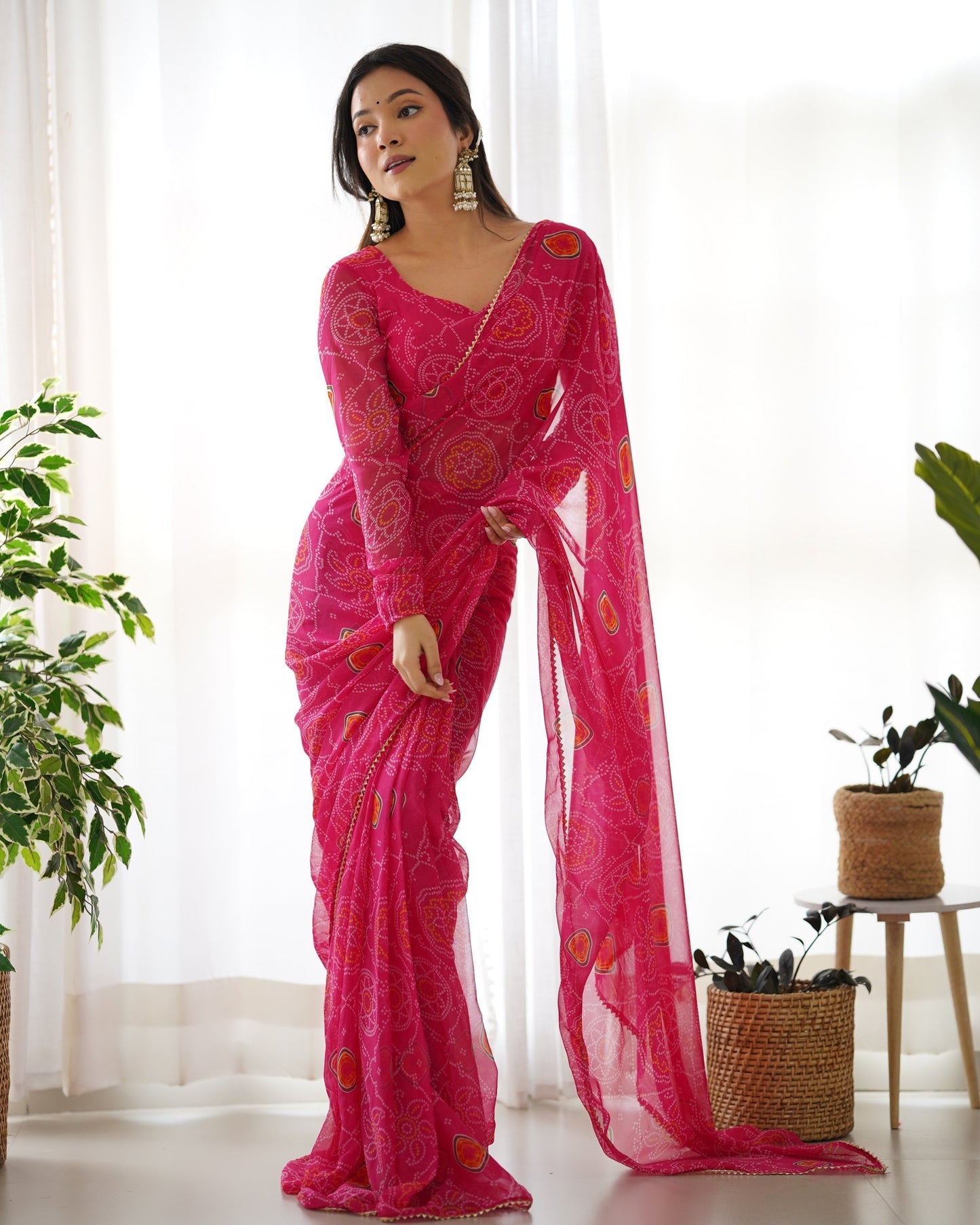 Pink Ready To Wear Predrapped Lightweight Chiffon Fabric Saree
