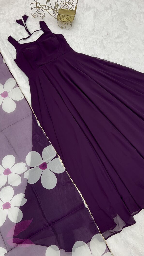 Printed Georgette Stitched Flared/A-line Gown  (Purple)