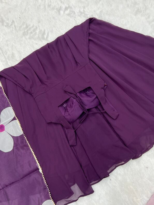 Printed Georgette Stitched Flared/A-line Gown  (Purple)