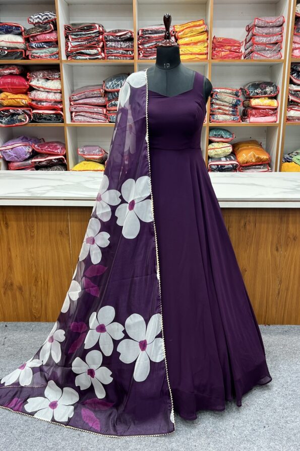 Printed Georgette Stitched Flared/A-line Gown  (Purple)