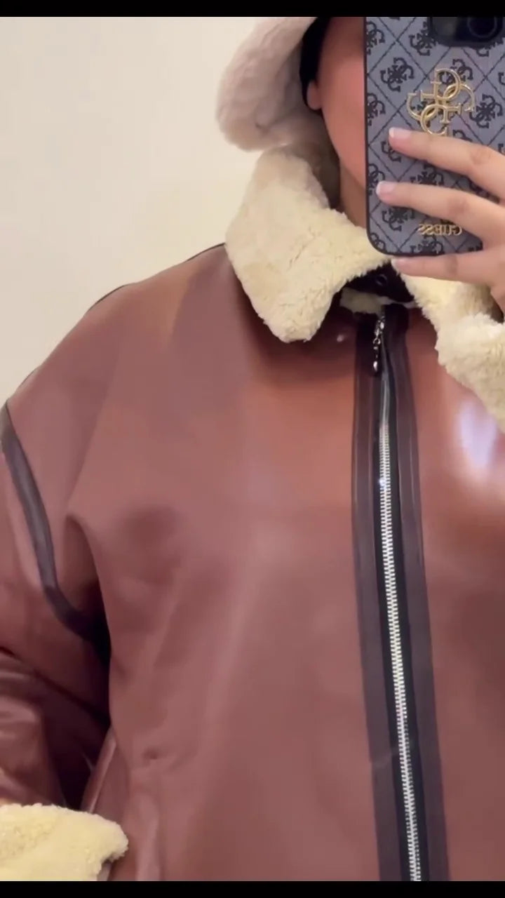 Oversized Faux Leather Shearling Jacket with Warm Fleece Lining and Turn-Down Collar