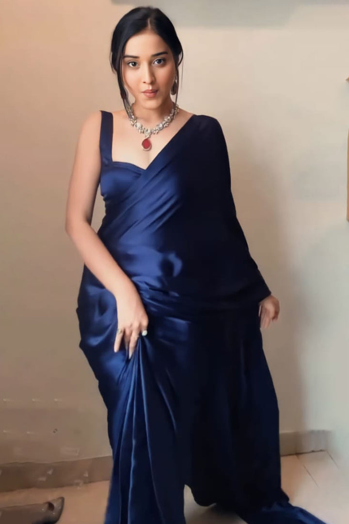 WearParty Wear Ultra Satin Nevy-Blue Color Saree With Saperat Un-Stiched Blouse Pice.