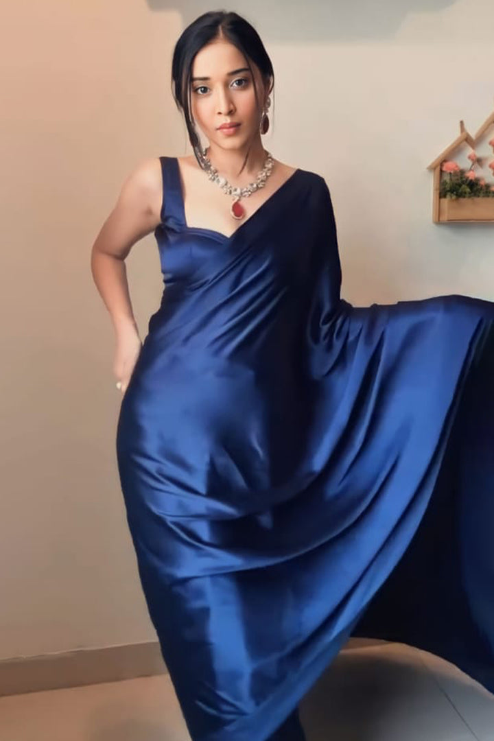 WearParty Wear Ultra Satin Nevy-Blue Color Saree With Saperat Un-Stiched Blouse Pice.