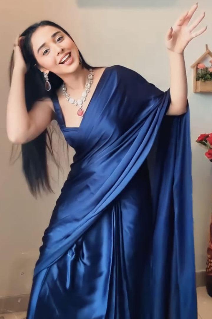 WearParty Wear Ultra Satin Nevy-Blue Color Saree With Saperat Un-Stiched Blouse Pice.