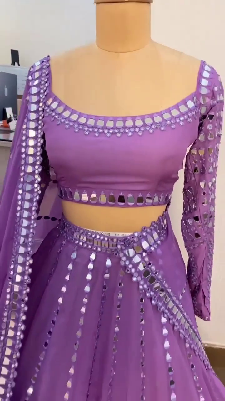 Mirror Work Purple Georgette Lehenga Choli with Full Sleeve Blouse and Embellished Dupatta for Wedding and Festive Wear