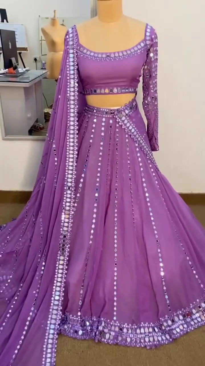 Mirror Work Purple Georgette Lehenga Choli with Full Sleeve Blouse and Embellished Dupatta for Wedding and Festive Wear