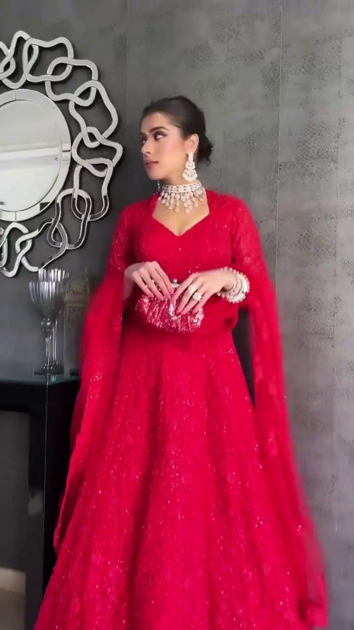 Stunning Designer Red Sequins Embroidered Net Lehenga Choli with Full Sleeve Blouse and Layered Dupatta for Bridal and Festive Occasions