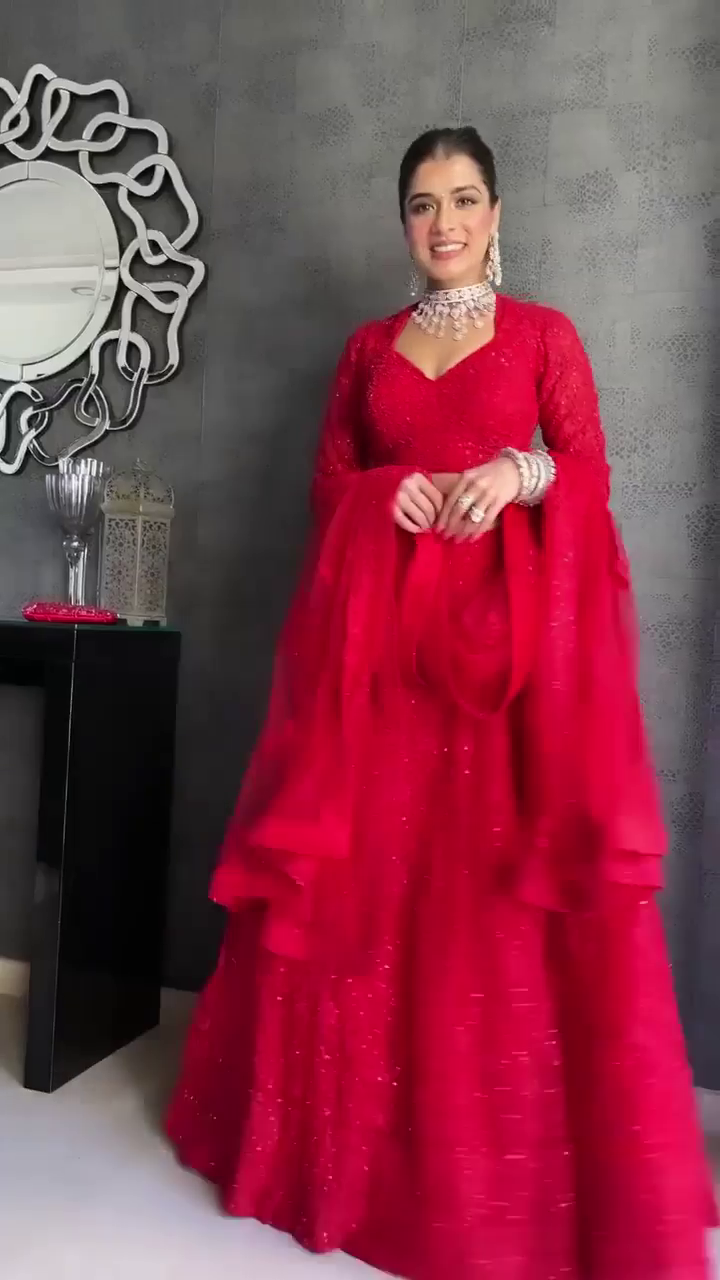 Stunning Designer Red Sequins Embroidered Net Lehenga Choli with Full Sleeve Blouse and Layered Dupatta for Bridal and Festive Occasions