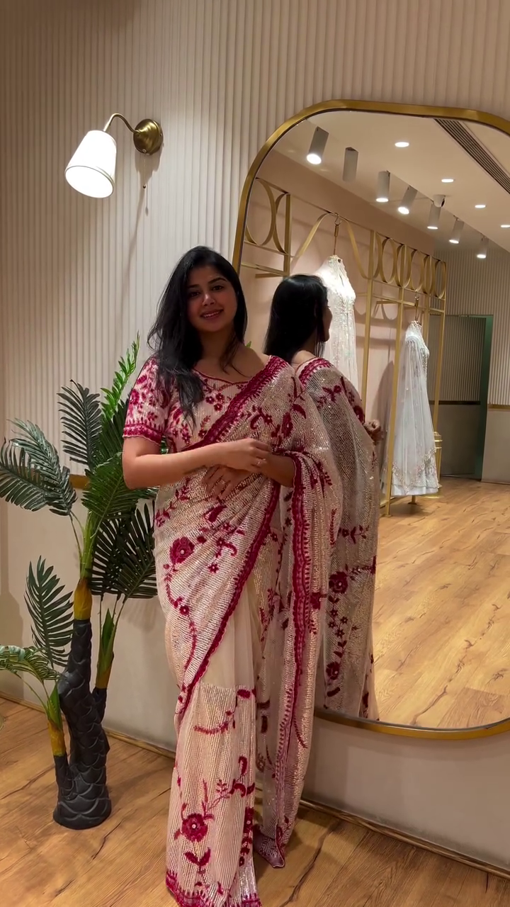 Cream and Red Embroidered Sequin Saree with Intricate Floral Thread Work and Matching Designer Blouse – Perfect for Wedding Receptions, Parties, and Festive Occasions